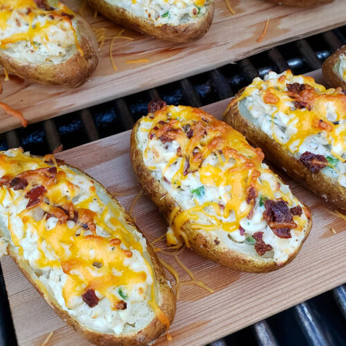 Cedar Plank Jalapeno Popper Twice Baked Potatoes