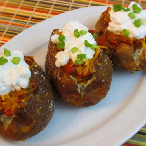 Easy Chili Cheese Baked Potatoes