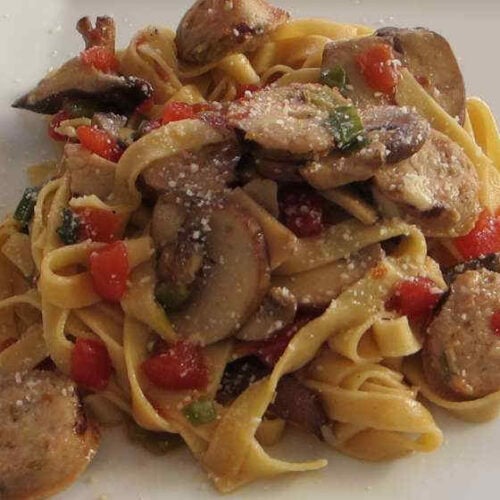 Fresh Pasta with Grilled Sausage and Mushrooms