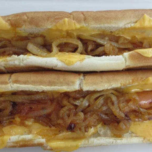 Grilled Cheesy Hot Dogs with Spicy Onions