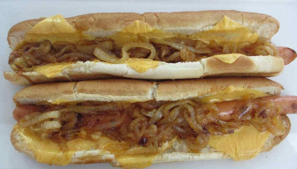 Grilled Cheesy Hot Dogs with Spicy Onions