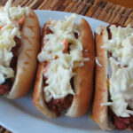 Hot Dogs with Onion, Chili, and Slaw