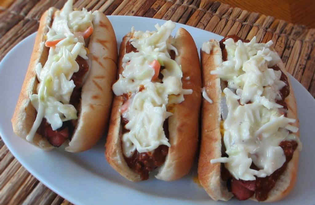 Hot Dogs with Onion, Chili, and Slaw