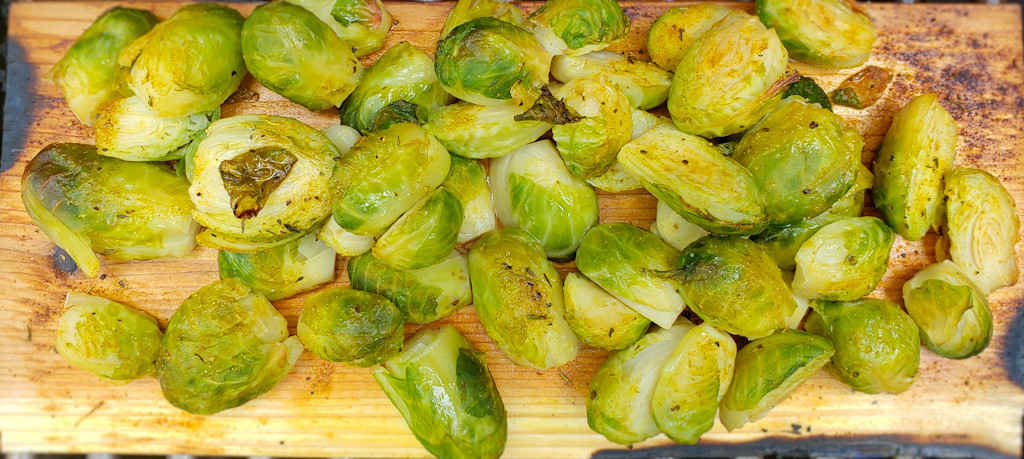 Planked Lemon Pepper Brussels Sprouts