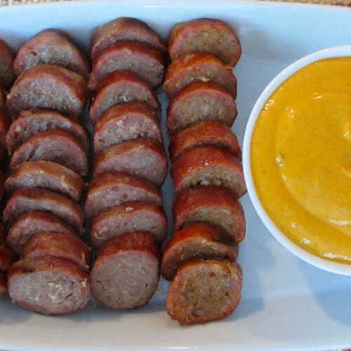 Smoked Sausage with Sriracha Mustard Sauce