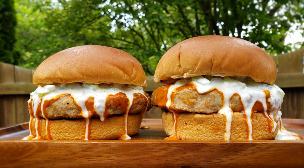 Buffalo Turkey Burgers with Blue Cheese Slaw