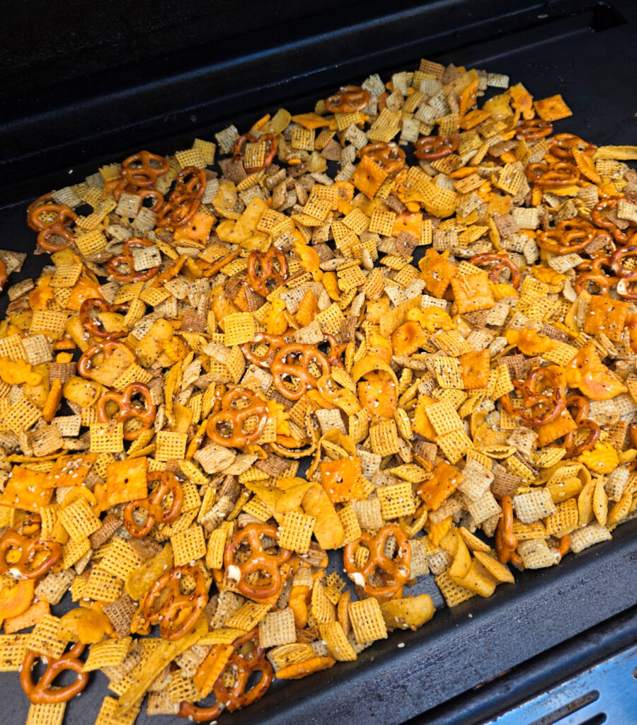 Everything Bagel Seasoning Chex Mix using an Outdoor Griddle