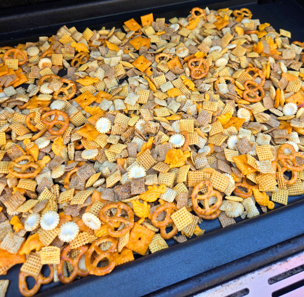 Spicy Chex Mix using an Outdoor Griddle
